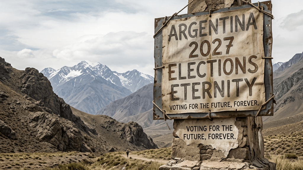 Rustic stone sign with a poster reading 'Argentina 2027 Elections Eternity Voting for the future, forever' in a rocky mountainous area.