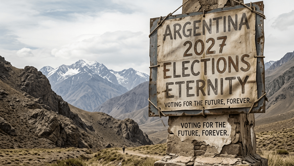 Rustic stone sign with a poster reading 'Argentina 2027 Elections Eternity Voting for the future, forever' in a rocky mountainous area.