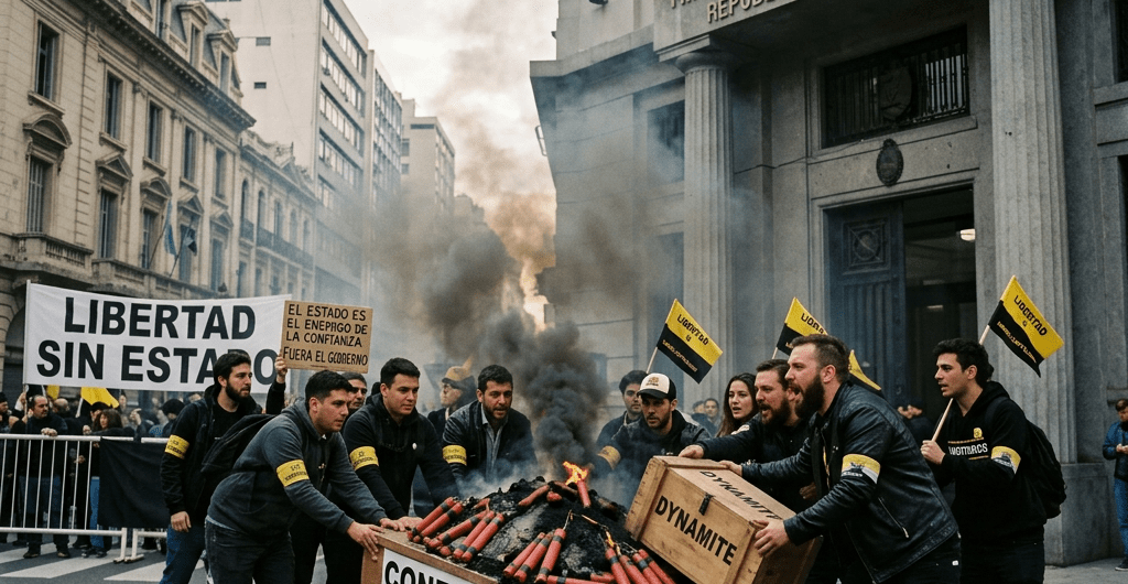 Group of protesters outside Argentina Ministry of Economy pushing a cart labeled 'Confianza del Mercado' with smoke and dynamite