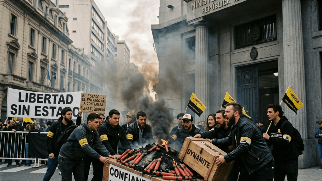 Group of protesters outside Argentina Ministry of Economy pushing a cart labeled 'Confianza del Mercado' with smoke and dynamite