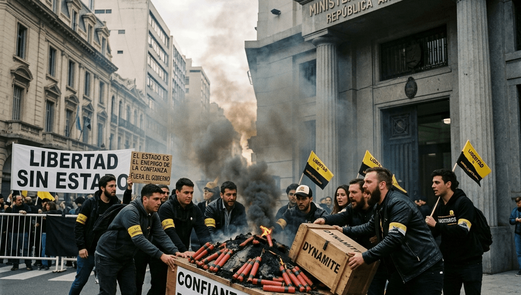 Group of protesters outside Argentina Ministry of Economy pushing a cart labeled 'Confianza del Mercado' with smoke and dynamite