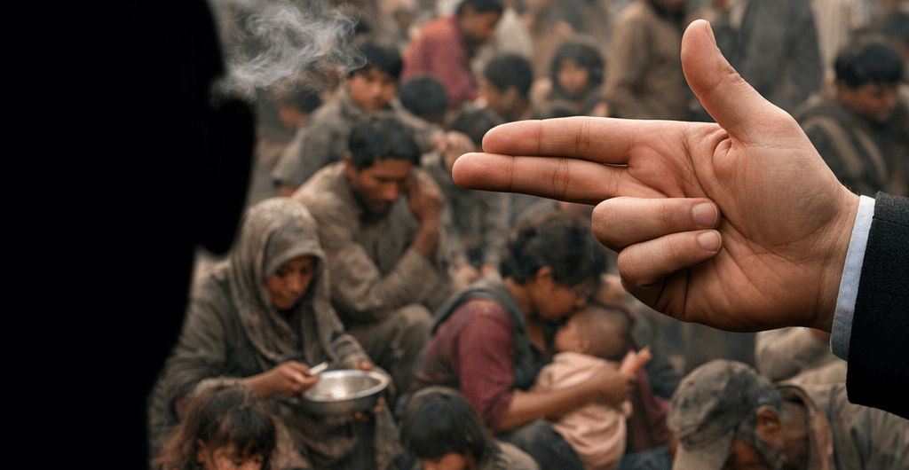 Hand making gun gesture over crowded group of poor people eating and sitting outdoors