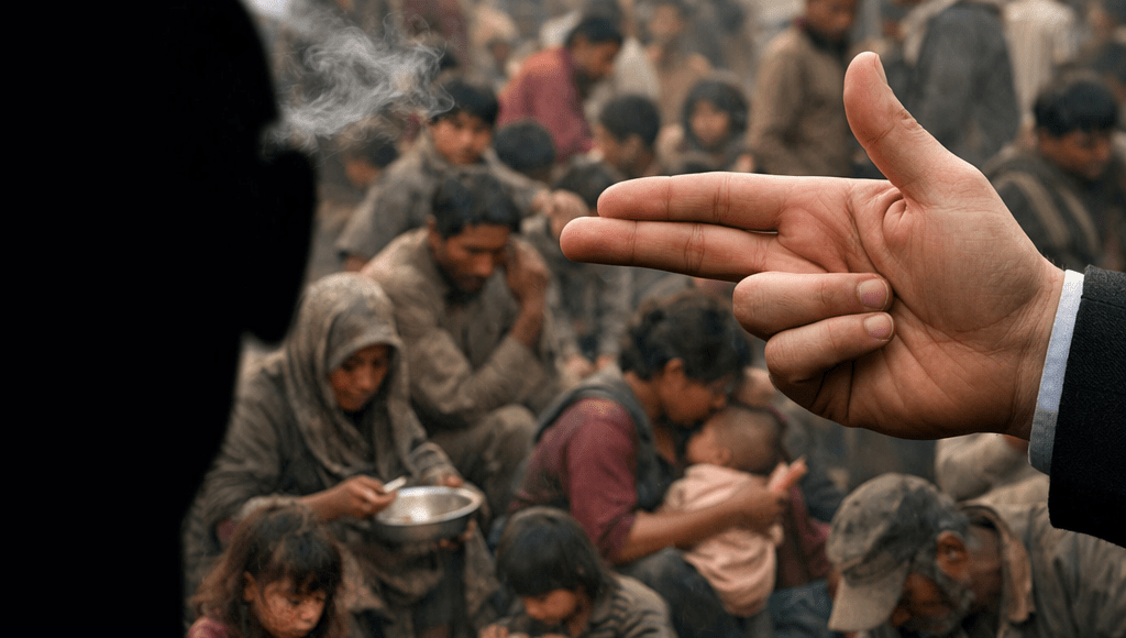 Hand making gun gesture over crowded group of poor people eating and sitting outdoors