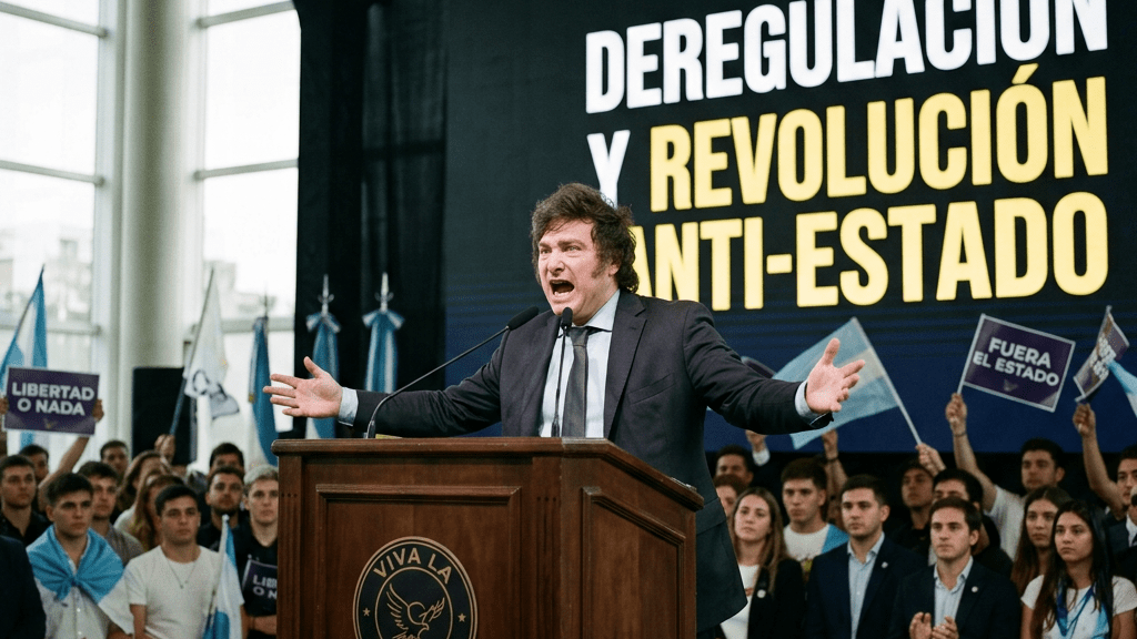 Man speaking at a podium with sign reading 'Deregulación y Revolución Anti-Estado'