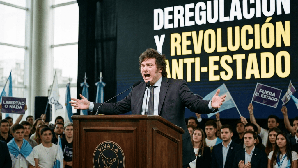 Man speaking at a podium with sign reading 'Deregulación y Revolución Anti-Estado'