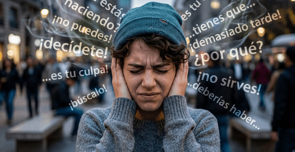 Person covering ears with eyes closed surrounded by negative Spanish words