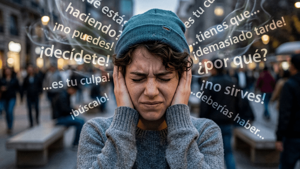 Person covering ears with eyes closed surrounded by negative Spanish words