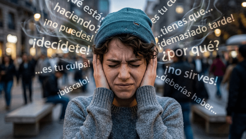 Person covering ears with eyes closed surrounded by negative Spanish words