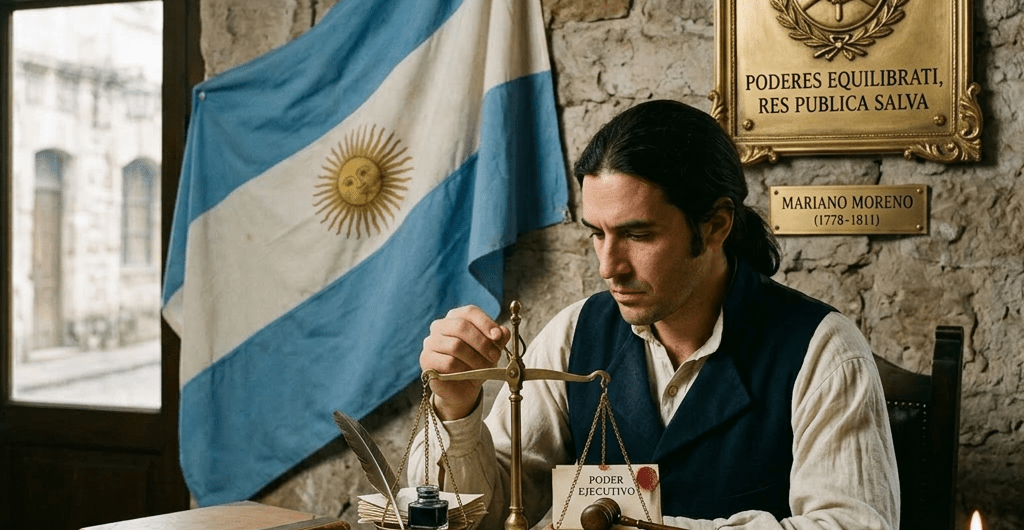 Man seated at a wooden desk writing in a large book with a quill, an Argentine flag behind and a sign about Journalist's Day