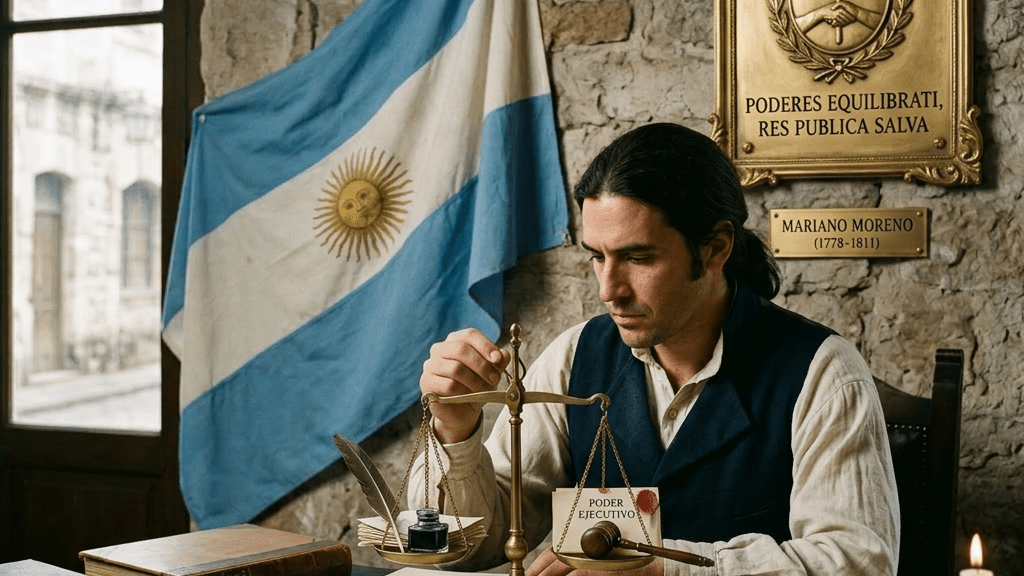 Man seated at a wooden desk writing in a large book with a quill, an Argentine flag behind and a sign about Journalist's Day