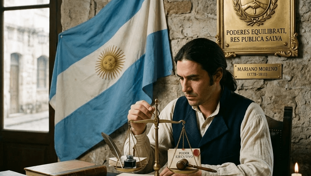 Man seated at a wooden desk writing in a large book with a quill, an Argentine flag behind and a sign about Journalist's Day