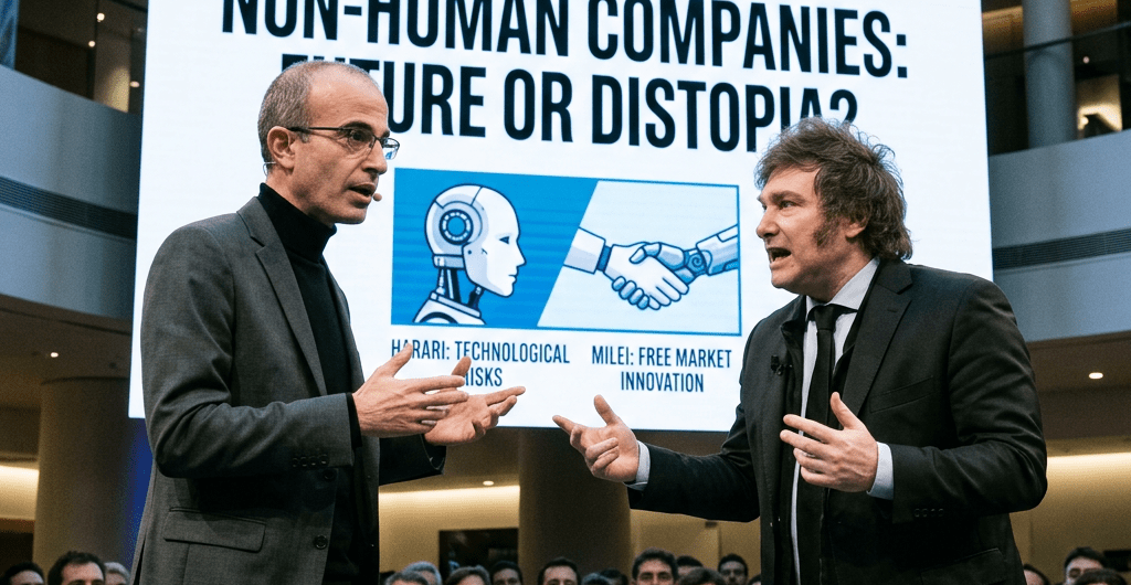 Two men debating on stage about non-human companies with audience and presentation screen