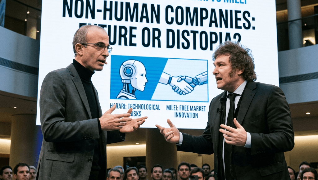 Two men debating on stage about non-human companies with audience and presentation screen
