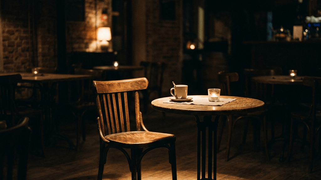 Wooden chair and round table with a cup and candle in a dim café