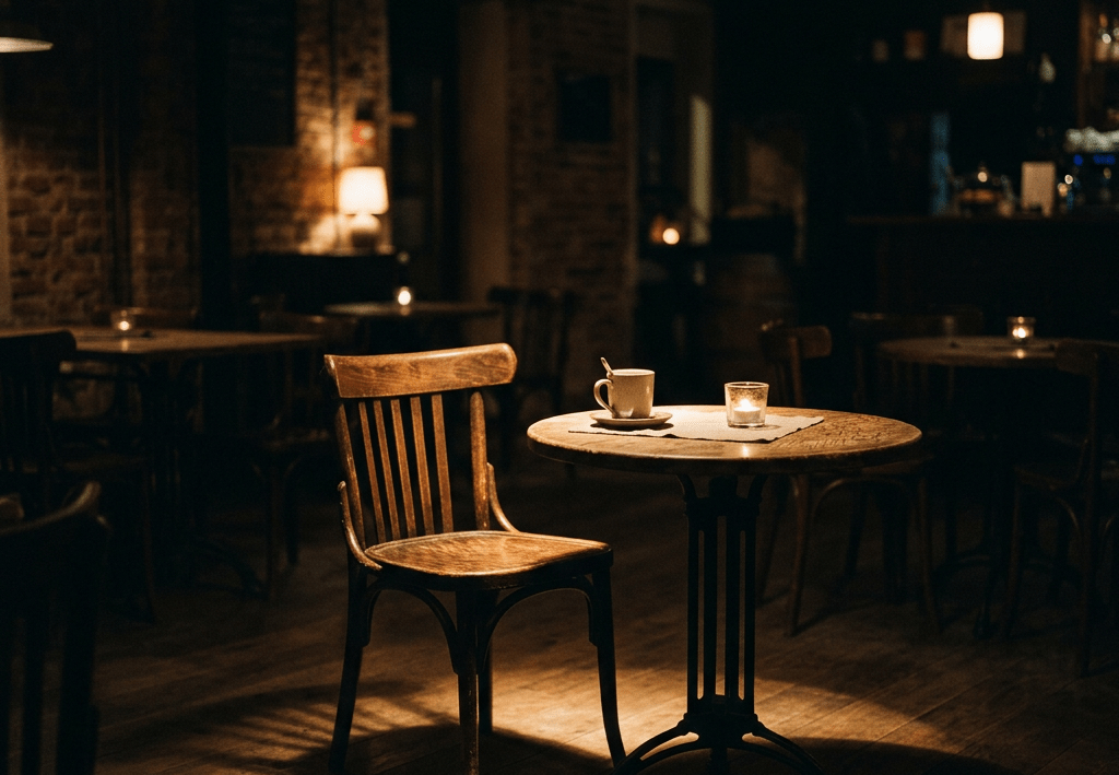 Wooden chair and round table with a cup and candle in a dim café
