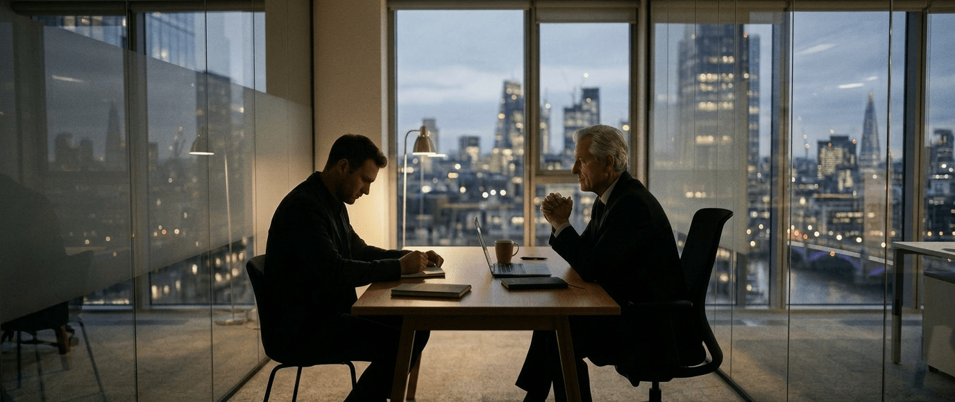 Two men sitting across a table in an office with city skyline in background