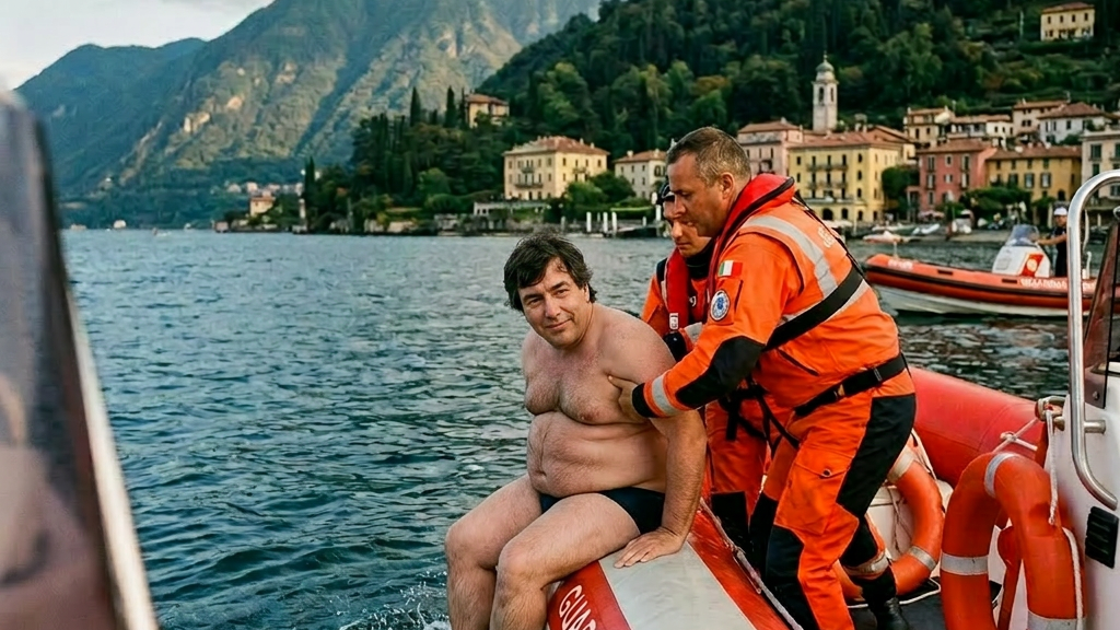 Two Coast Guard personnel in orange suits helping a man out of the water onto a rescue boat.