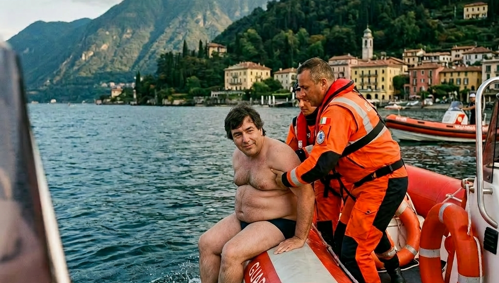 Two Coast Guard personnel in orange suits helping a man out of the water onto a rescue boat.