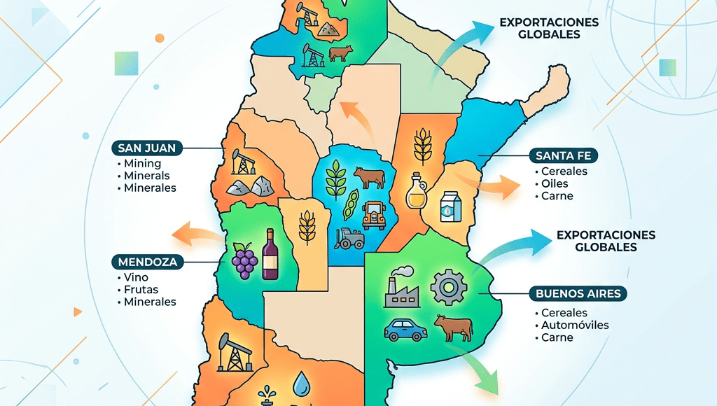 Map of Argentina showing provinces with main export products such as mining, wine, cereals, automobiles, and meat.