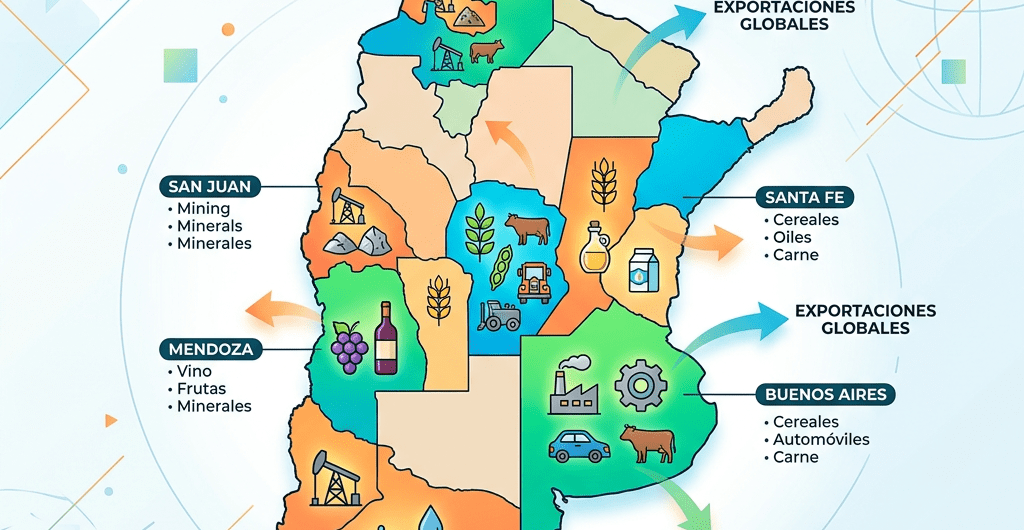 Map of Argentina showing provinces with main export products such as mining, wine, cereals, automobiles, and meat.