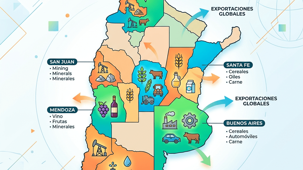 Map of Argentina showing provinces with main export products such as mining, wine, cereals, automobiles, and meat.