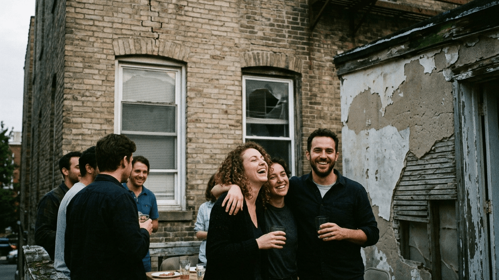 Group of young adults smiling and holding drinks on a rooftop patio in front of an old brick building