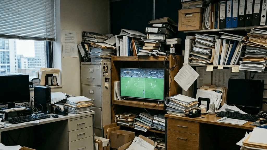 Two people seated in a cluttered office watching soccer on a small television