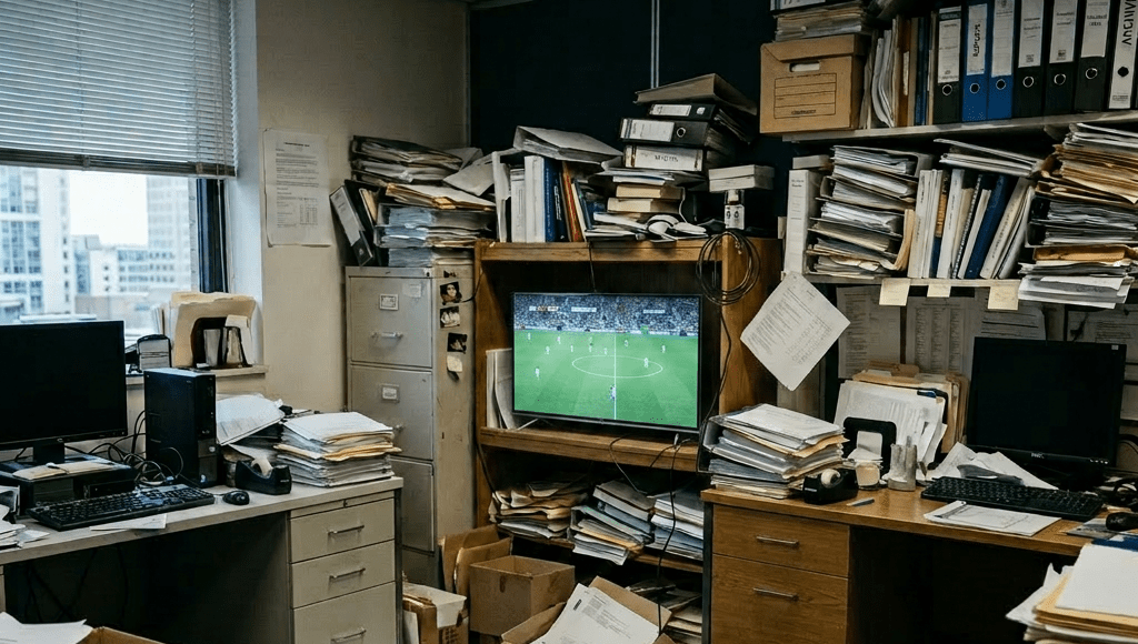Two people seated in a cluttered office watching soccer on a small television