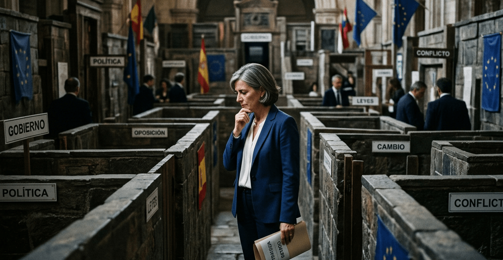 Woman in blue suit holding papers standing thoughtfully in a political-themed historic hall with labeled booths