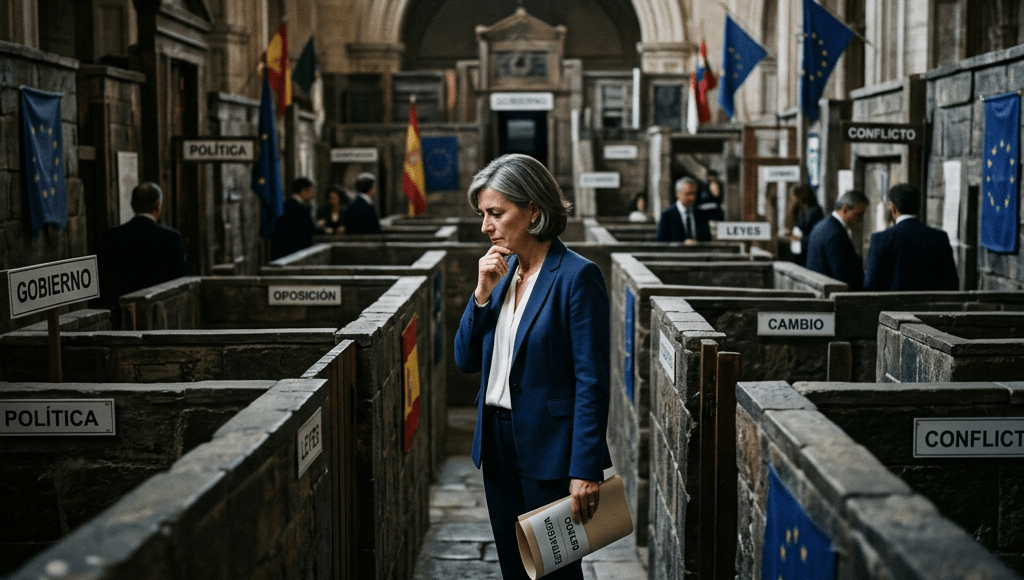Woman in blue suit holding papers standing thoughtfully in a political-themed historic hall with labeled booths