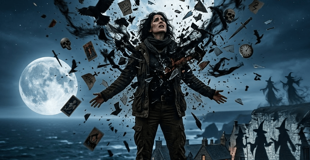 Person on rocky cliff emitting magical dark energy with flying ravens, tarot cards, skulls, and broken glass