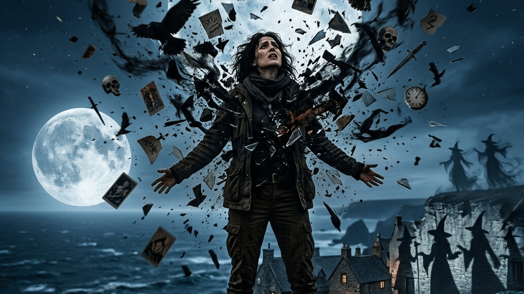 Person on rocky cliff emitting magical dark energy with flying ravens, tarot cards, skulls, and broken glass