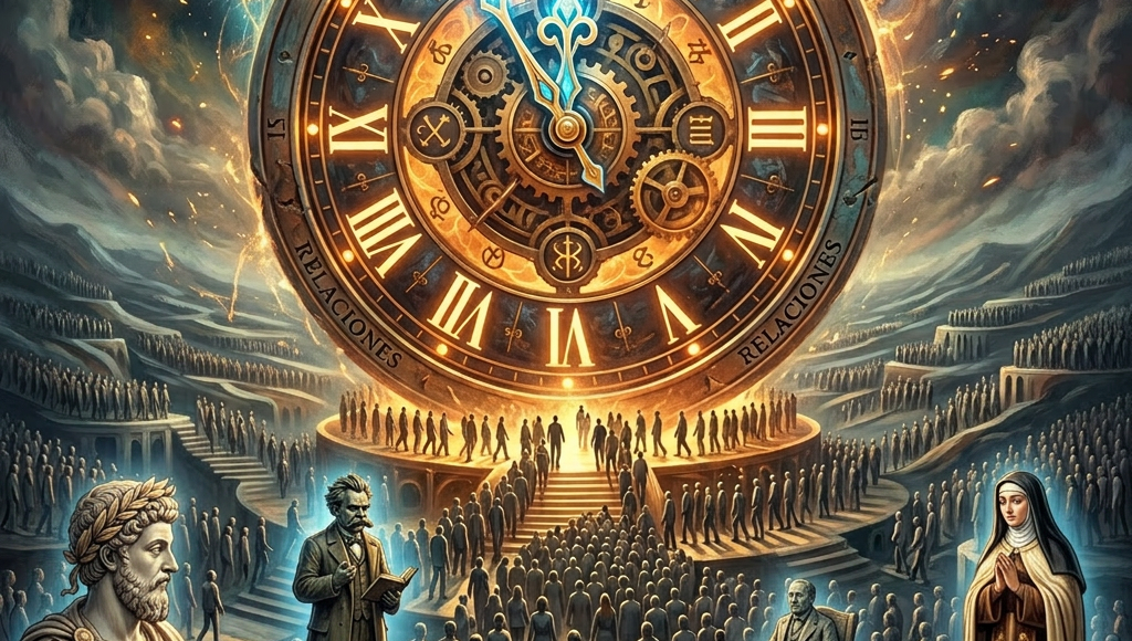 Crowd of people walking towards a large glowing clock with Roman numerals, gears, and Spanish words about human time and relationships.
