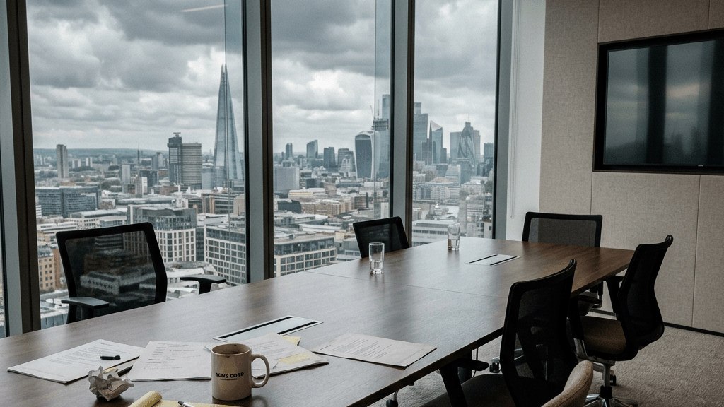 Empty office conference room with table, chairs, papers, mug, and large windows showing city skyline