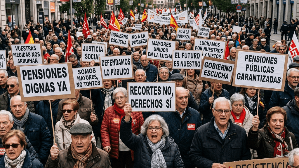 Elderly protesters holding signs demanding dignified pensions and government accountability