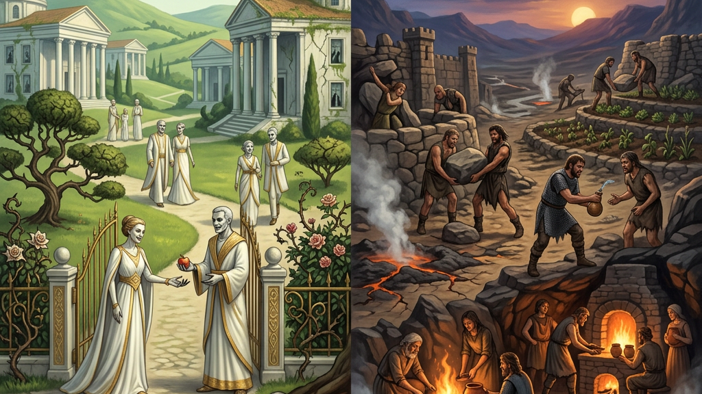 Left side shows people in white robes in a bright, classical garden; right side shows people working and resting amid stones and fire at sunset