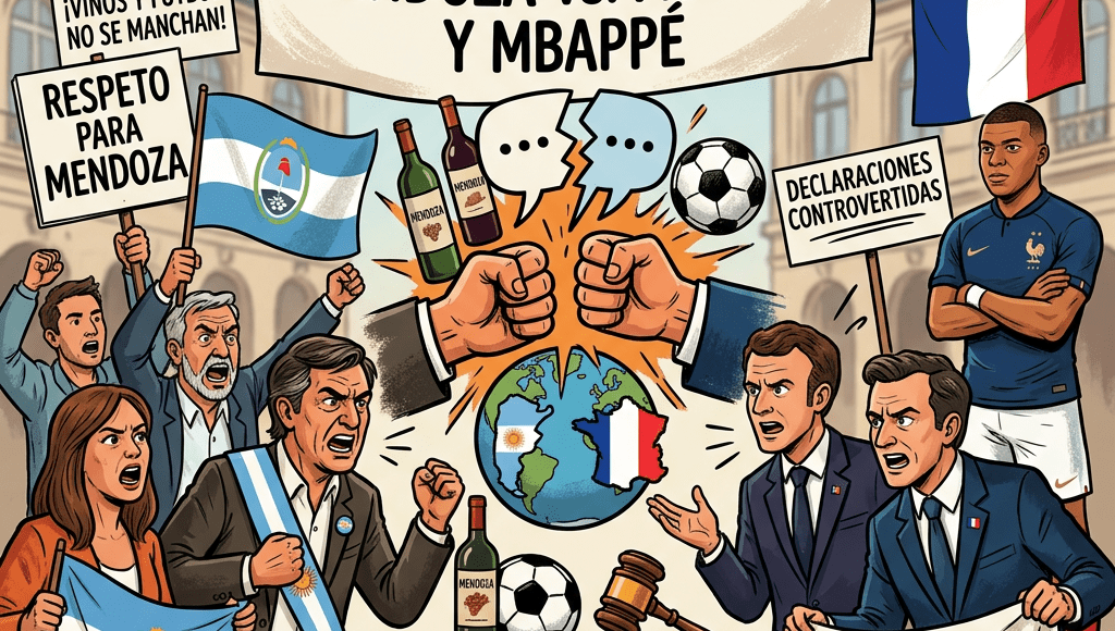 Illustration of a diplomatic dispute between Mendoza and France with protesters, officials, speech bubbles, and national flags.
