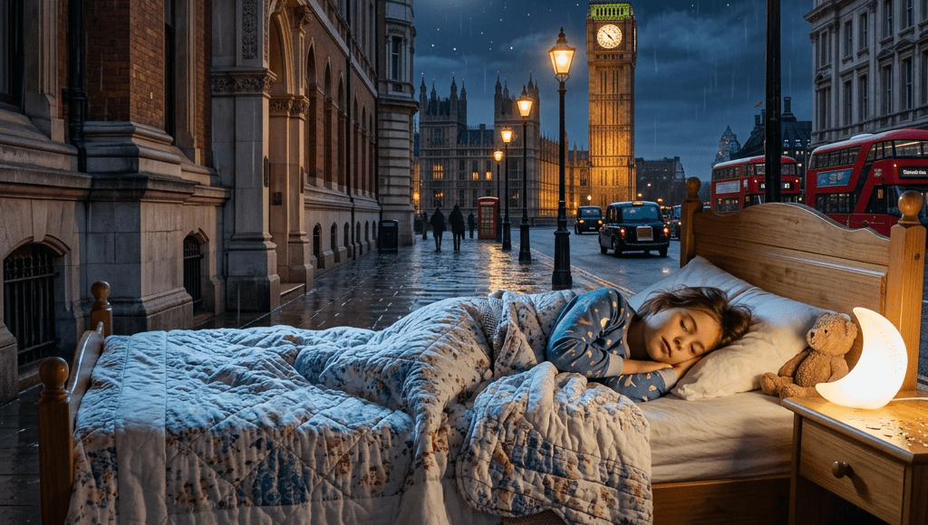Child sleeping on bed with stuffed bear and moon-shaped lamp