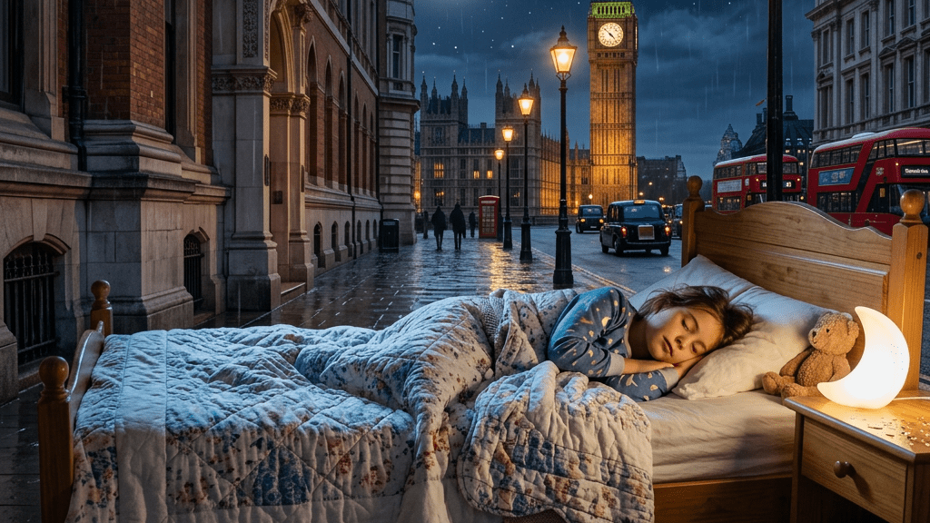 Child sleeping on bed with stuffed bear and moon-shaped lamp