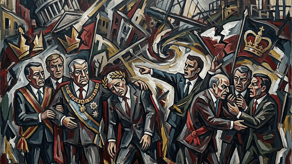 Group of suited men in political chaos with ruins and flags