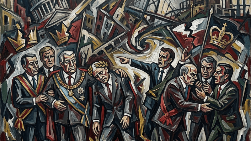 Group of suited men in political chaos with ruins and flags
