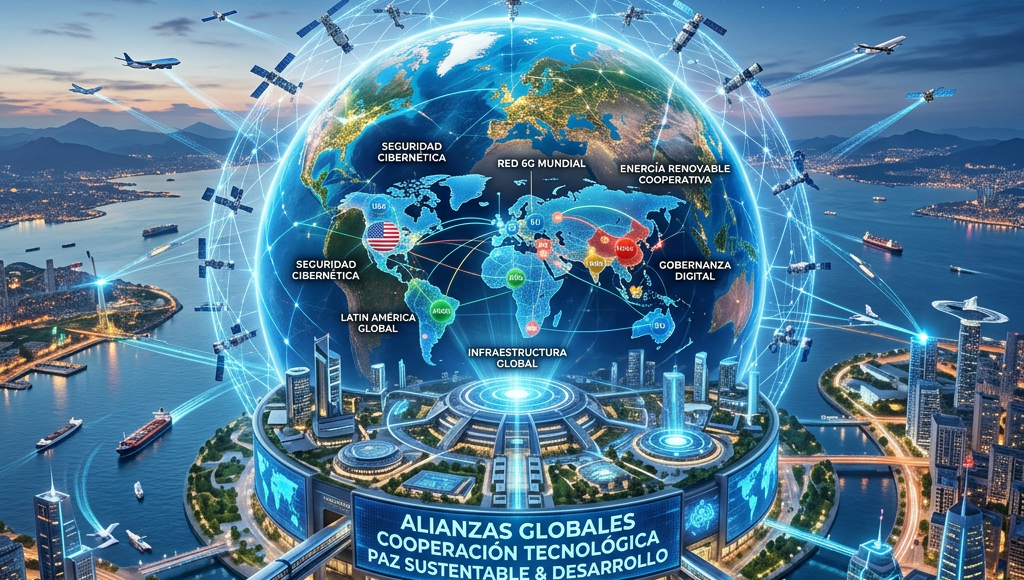 Digital globe showing global alliances, 5G network, cybersecurity, renewable energy, and digital governance with cityscape and satellites
