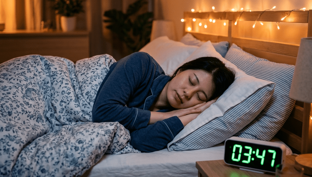 Woman sleeping peacefully in bed at night beside a digital clock showing 3:47