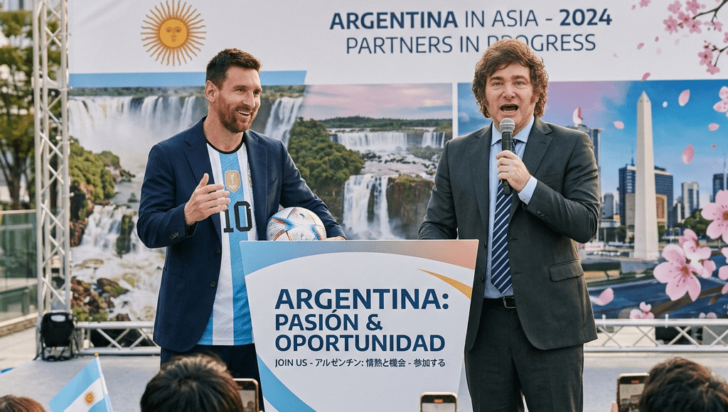 Lionel Messi and a man speaking at a podium about Argentina-Asia partnership with Argentina flags