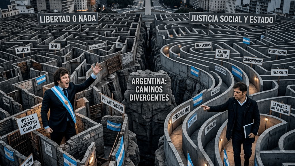 Two men in separate mazes labeled with Argentine political and social issues, divided by a deep chasm with the text Argentina: Caminos Divergentes