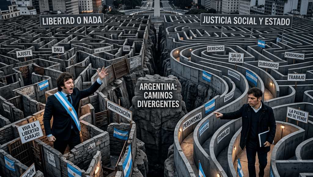 Two men in separate mazes labeled with Argentine political and social issues, divided by a deep chasm with the text Argentina: Caminos Divergentes