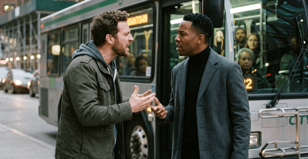 Two men engaged in a heated conversation standing outside a city transit bus with passengers inside