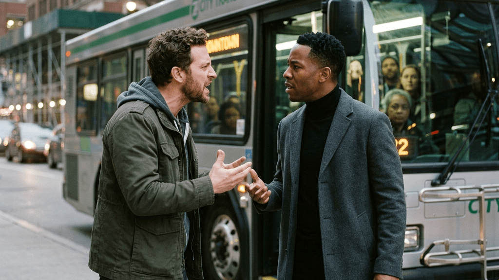 Two men engaged in a heated conversation standing outside a city transit bus with passengers inside