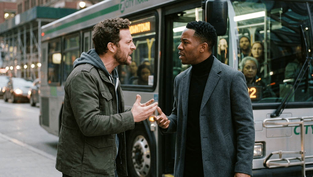 Two men engaged in a heated conversation standing outside a city transit bus with passengers inside