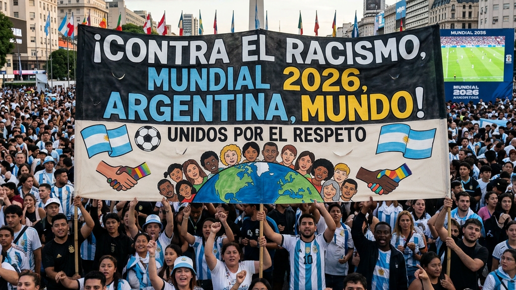 Crowd holding banner reading 'Against Racism, 2026 World Cup, Argentina, World! United for Respect'